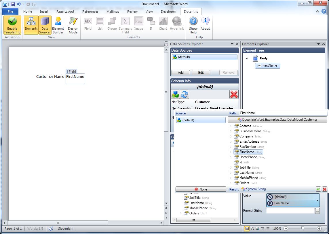 Binding a Field element to the property FirstName of type Customer